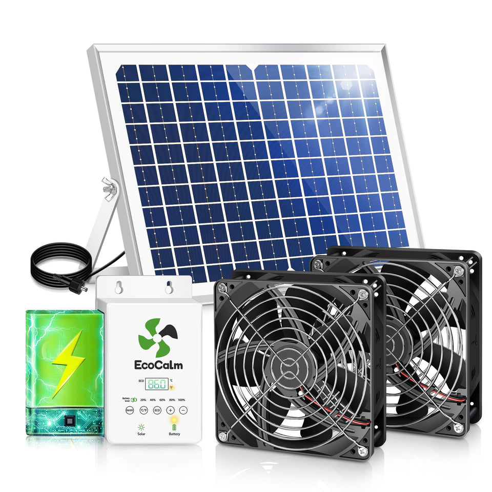 ecoCalm solar exhaust fan with battery operation showing daytime use for coop cooling.