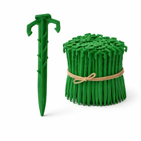 Ecoduty 4-inch biodegradable stakes, 100-count, ready to secure weed fabric safely.