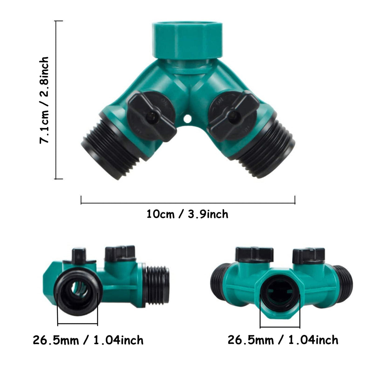 ECOESPTI two-outlet hose splitter in use, enables watering two zones.