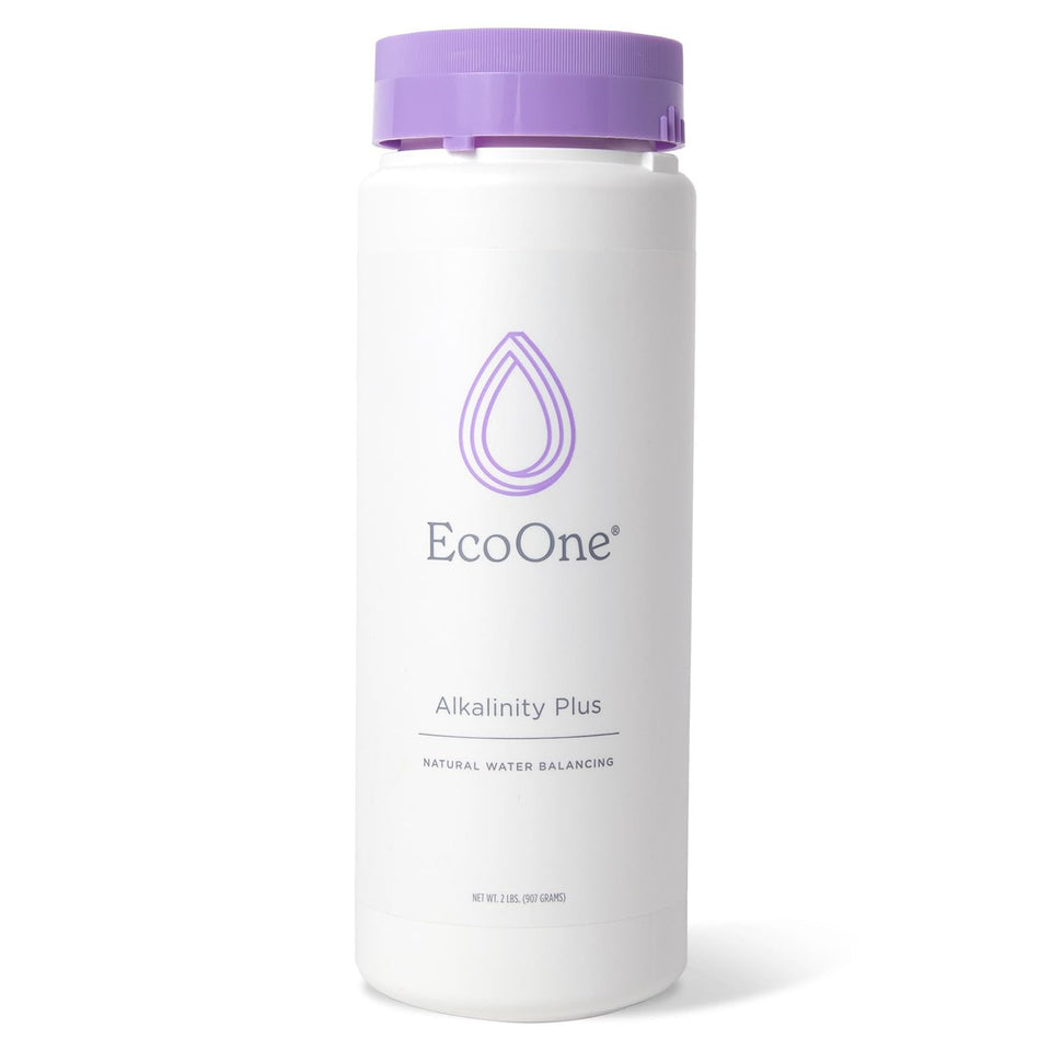 EcoOne Alkalinity Plus bottle label showing natural spa pH balance benefits