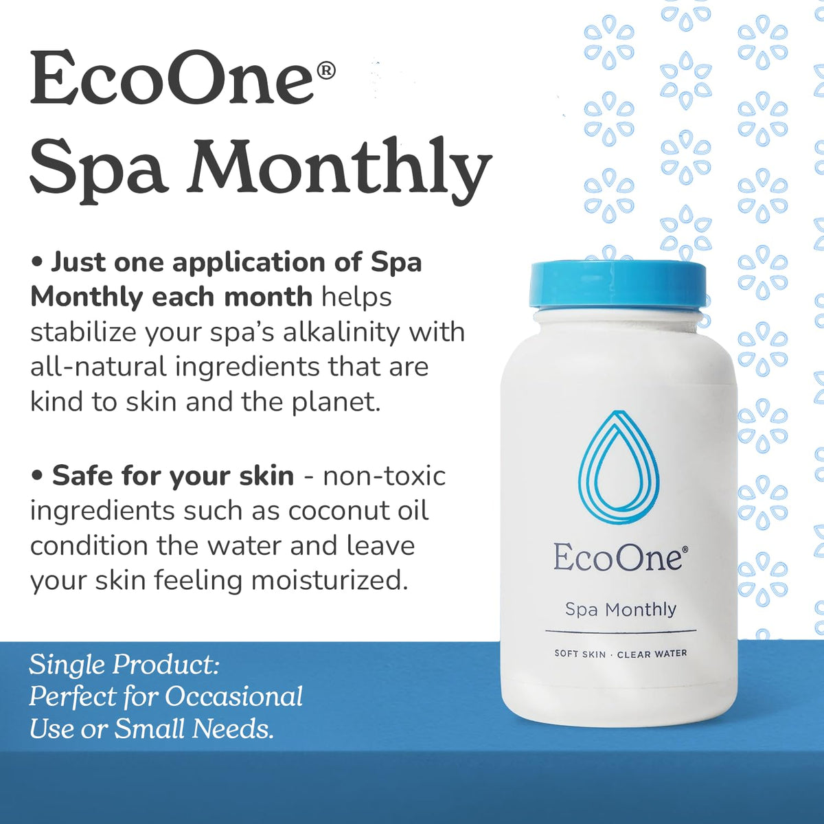 Close-up of EcoOne Spa Monthly bottle showing natural, skin-friendly ingredients.