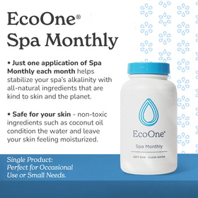 Close-up of EcoOne Spa Monthly bottle showing natural, skin-friendly ingredients.