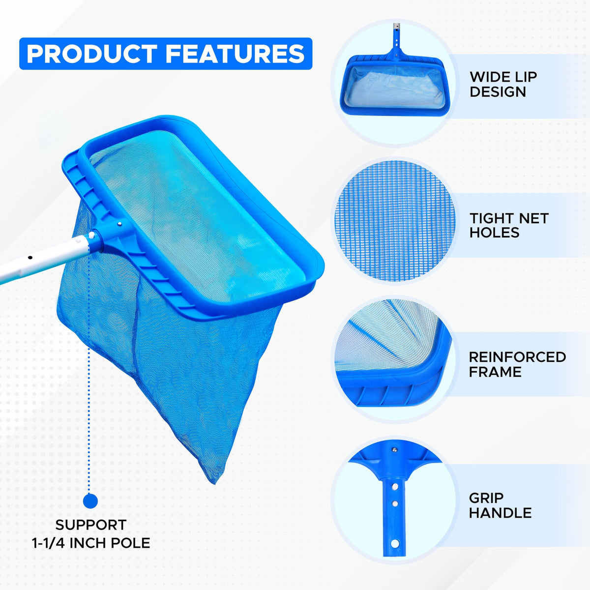 EcoNour skimmer net durable lip design lifts debris from water
