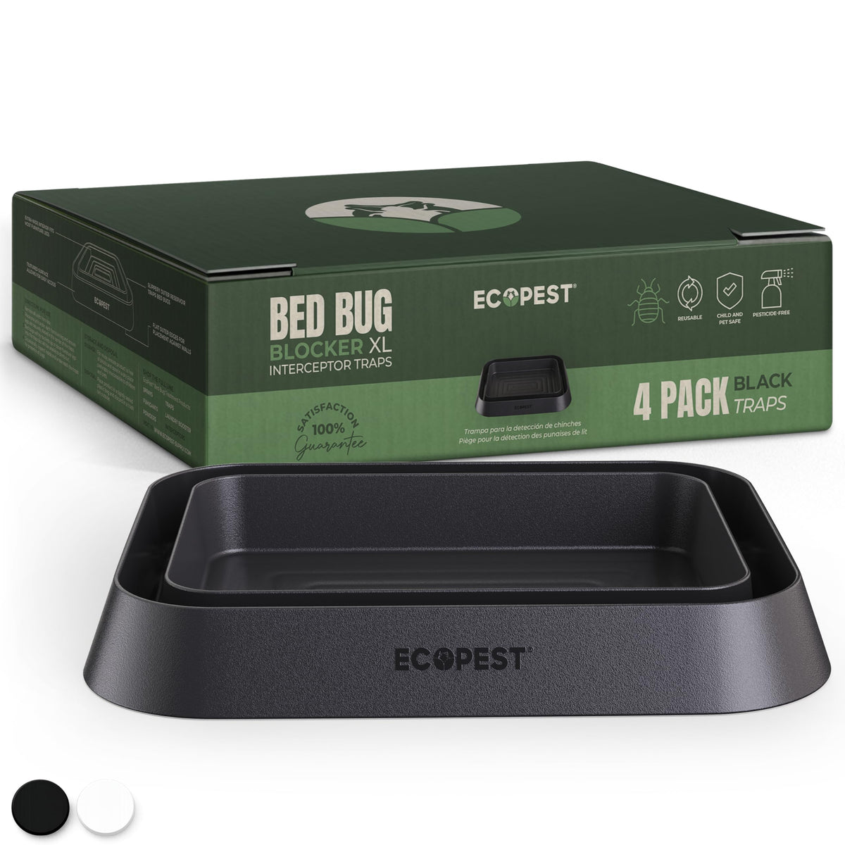 ECOPEST Bed Bug Blocker XL interceptors pack showing four heavy-duty traps for wide bed posts
