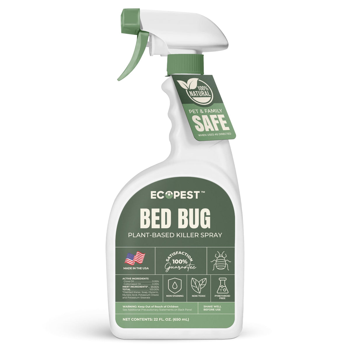 EcoPest Bed Bug Spray bottle closeup showing fast knockdown