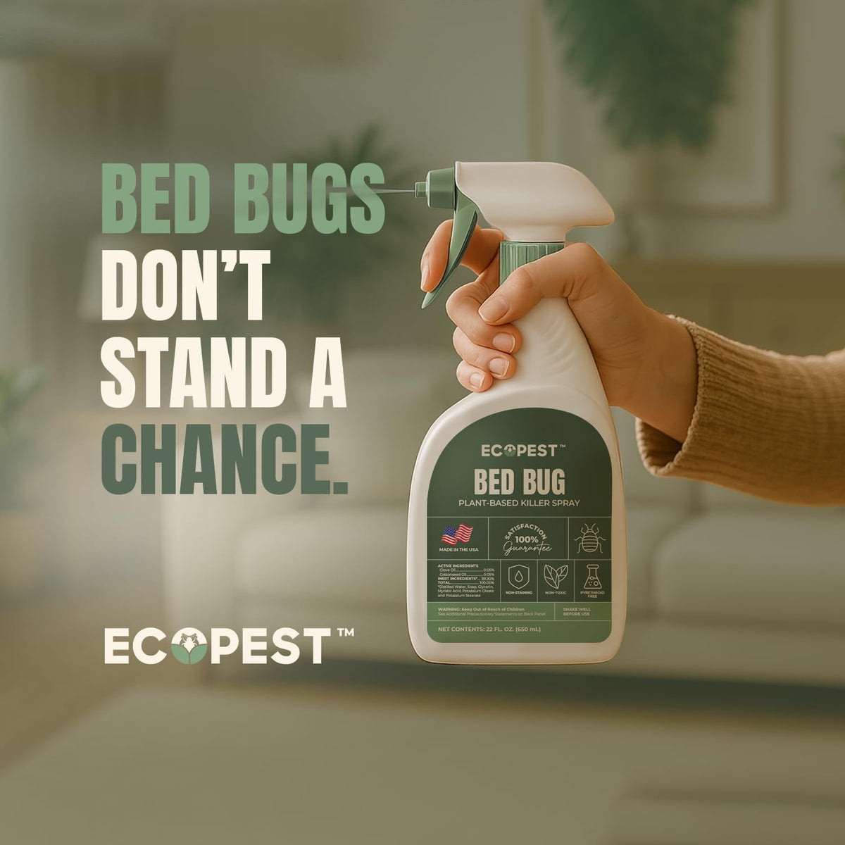 EcoPest Bed Bug Spray beside mattress area for targeted treatment