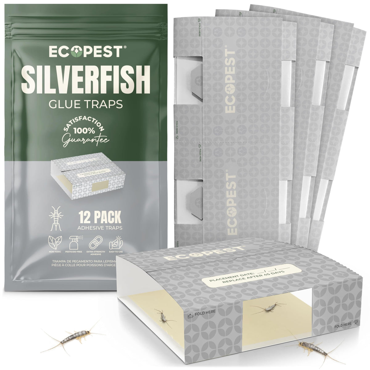 ECOPEST Silverfish Trap 12-pack placed discreetly under bathroom sink.