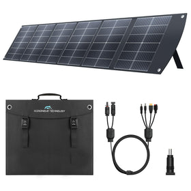 Ecosonique 200W portable solar panel folded for easy transport and storage.