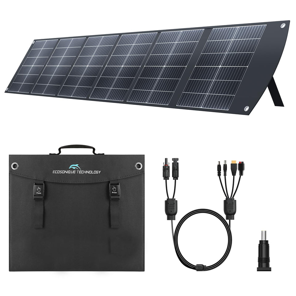 Ecosonique 200W portable solar panel folded for easy transport and storage.