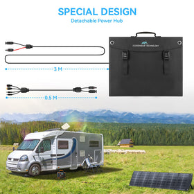 Ecosonique 200W panel open with kickstand for optimal sun exposure.