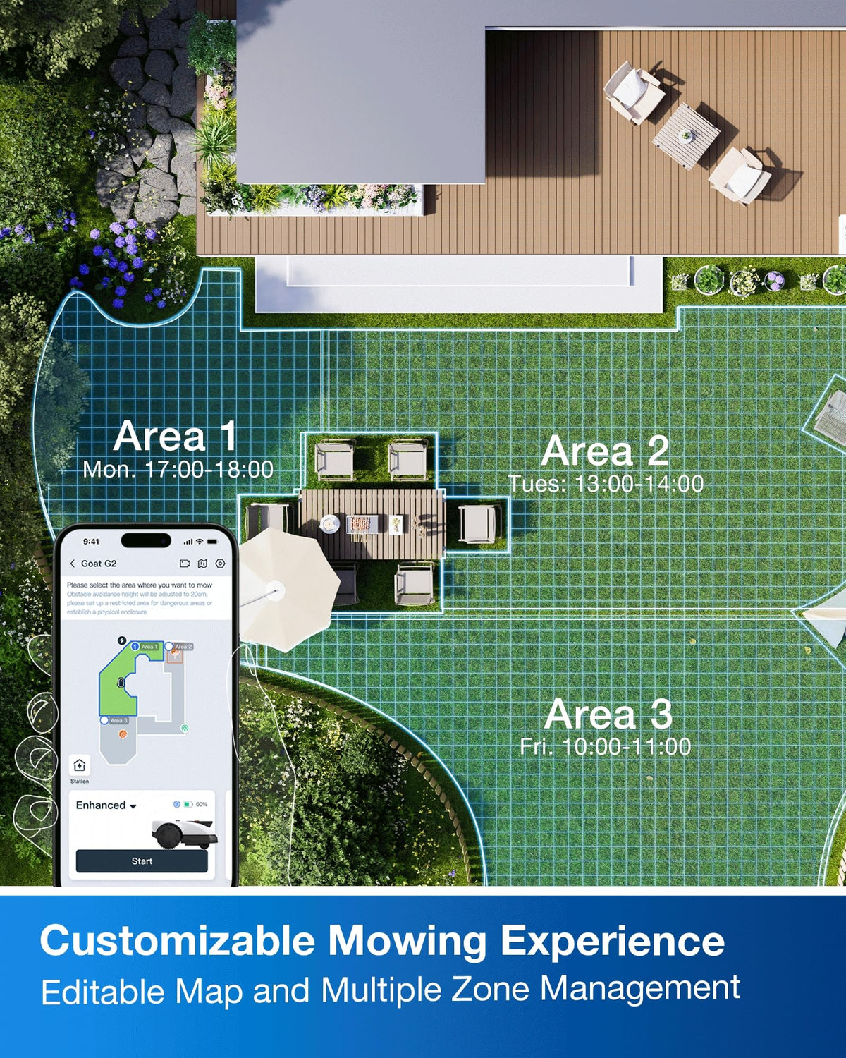 ECOVACS GOAT O1000 RTK app control lets you customize zones and schedules.