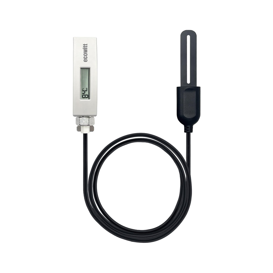 ECOWITT WH51L LCD display close-up showing real-time soil moisture readout for informed watering