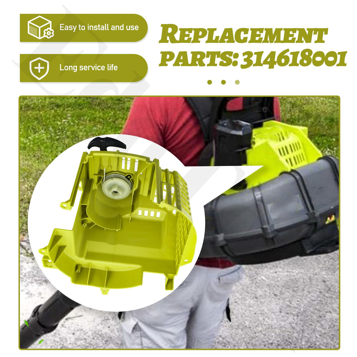 Installation guide visual showing EddTorq pull starter being installed on Ryobi blower