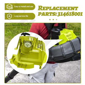 Installation guide visual showing EddTorq pull starter being installed on Ryobi blower