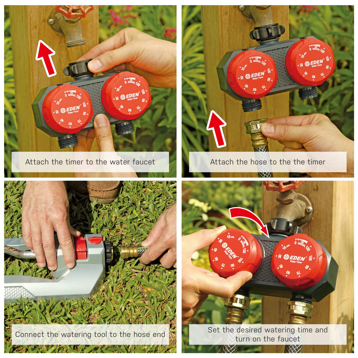 Eden 25124 timer setting display demonstrates adjustable watering duration.