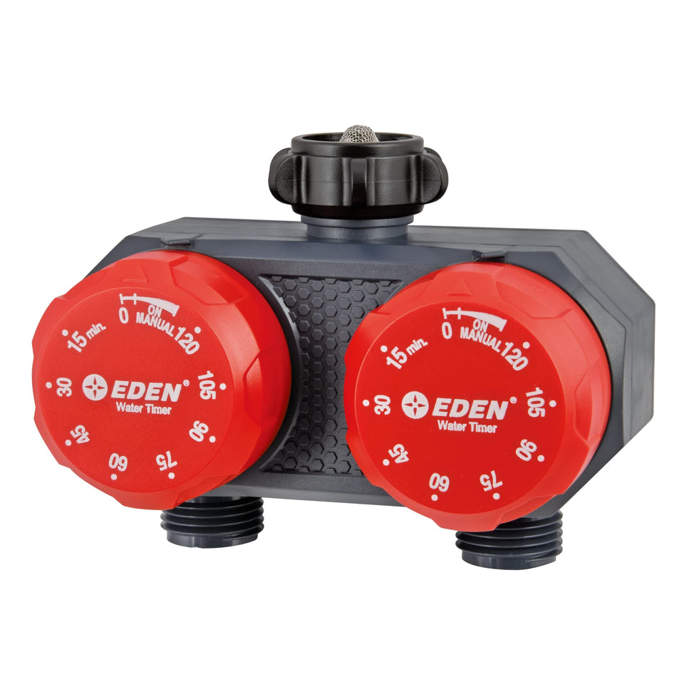 Eden 25124 two-zone timer on faucet enabling dual-area watering.