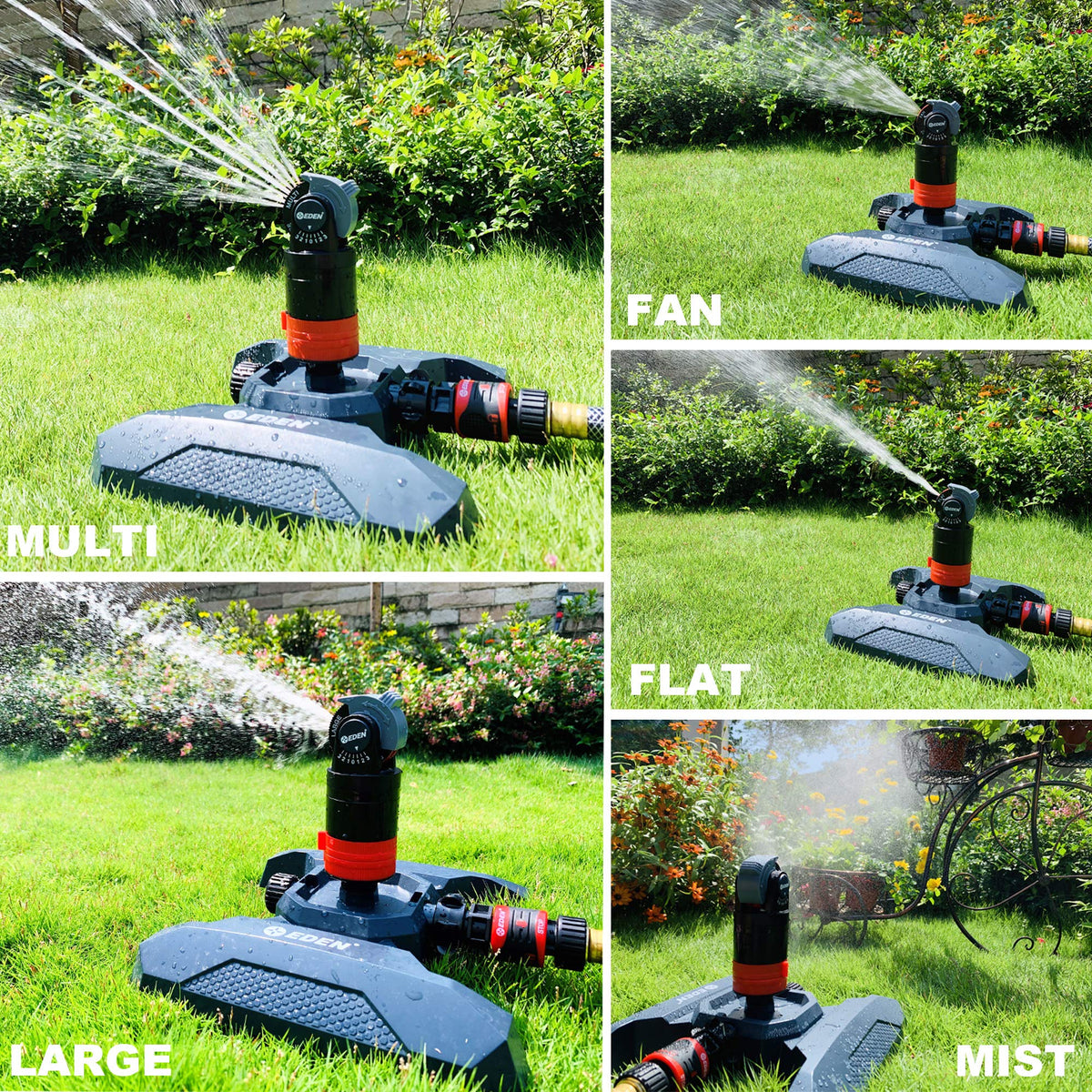 Eden 360-degree coverage sprinkler delivers full circular watering for even lawns.