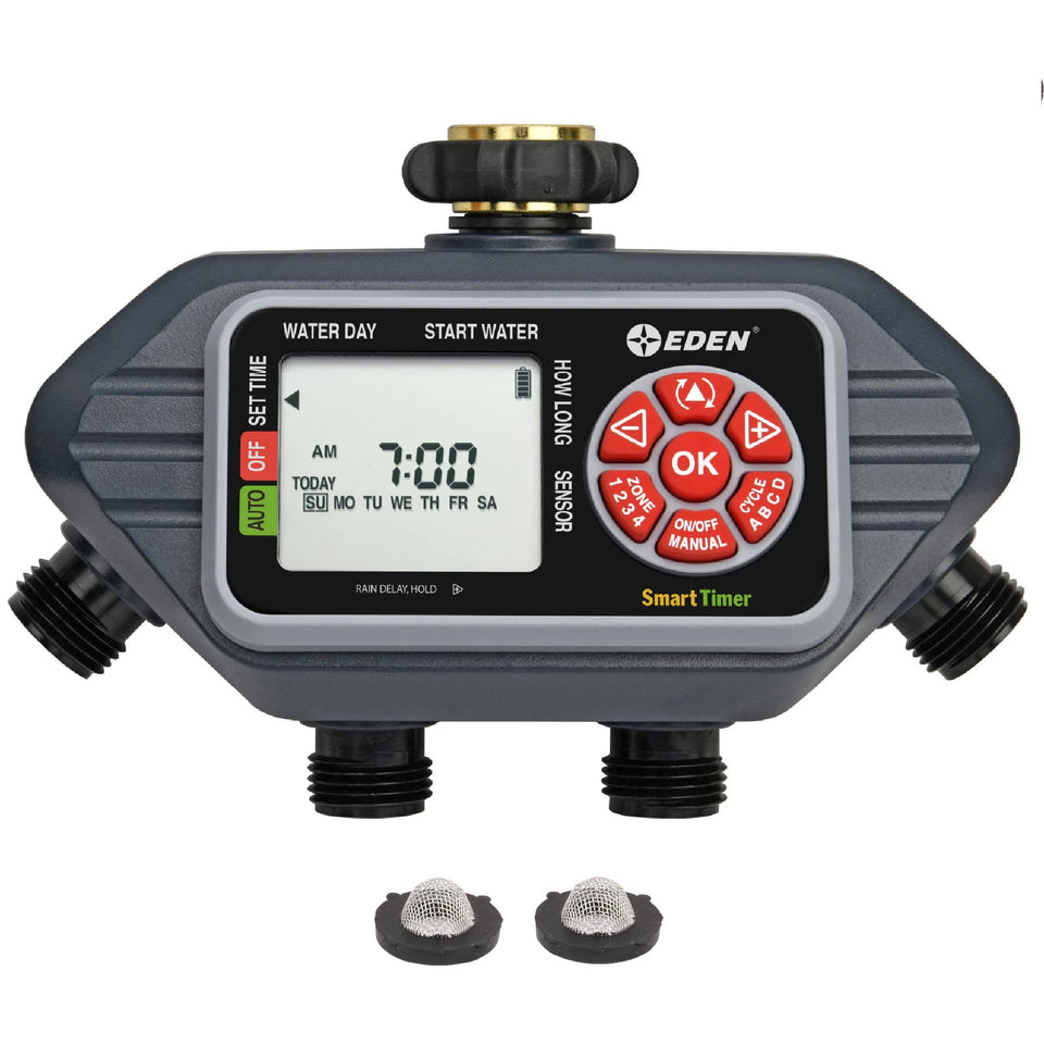 Eden 93413 four-zone timer front view shows independent irrigation zones for tailored watering