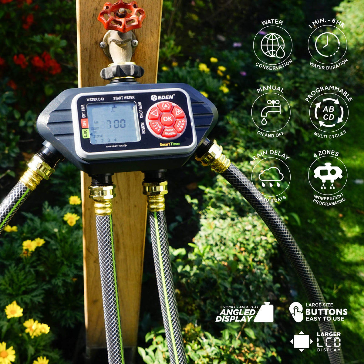 Eden 93413 manual watering button enables on-demand irrigation without disrupting presets