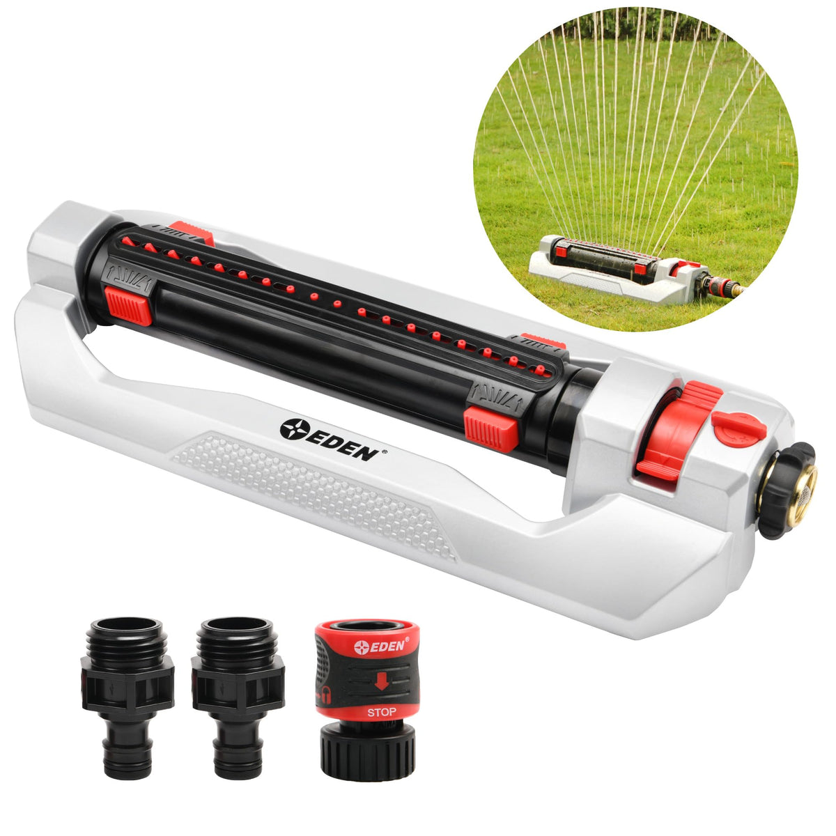 Eden 94095 turbo sprinkler shows 18 nozzles for uniform coverage