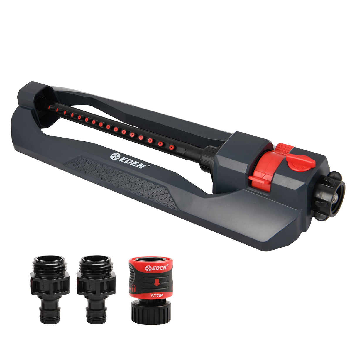 Eden 94105 sprinkler showing wide nozzle coverage for large lawns