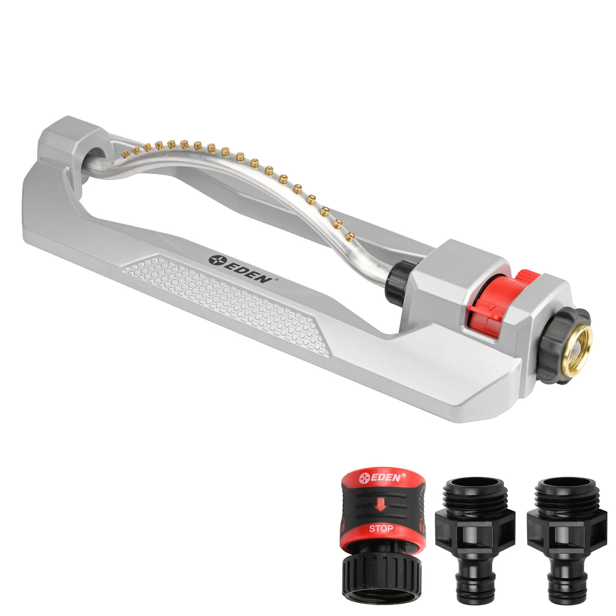 Eden 96218 heavy-duty turbo sprinkler overview showing wide lawn coverage