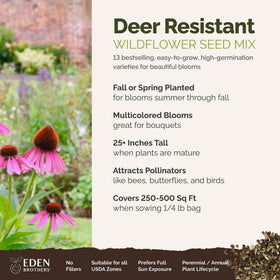 Eden Brothers deer-resistant wildflower mix packaging shows seed counts for 250-500 sq ft.