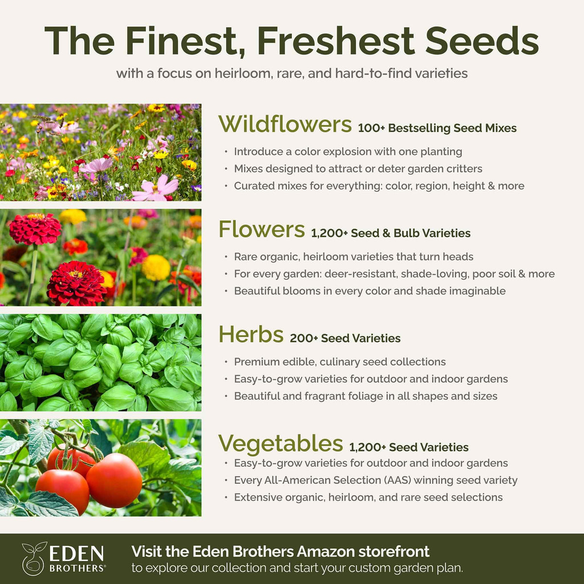 Eden Brothers seed pack label highlights non-GMO seeds and high germination.