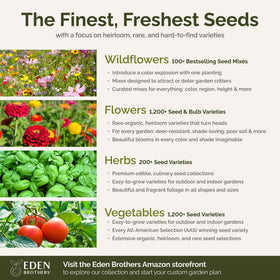 Eden Brothers seed pack label highlights non-GMO seeds and high germination.