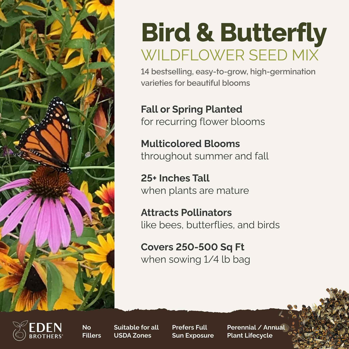 Eden Brothers wildflower seed mix label close-up non-GMO seeds.
