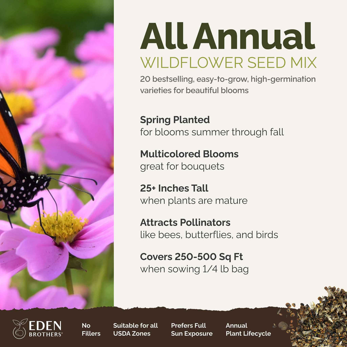 Close-up of Eden Brothers wildflower seed packets for easy home sowing