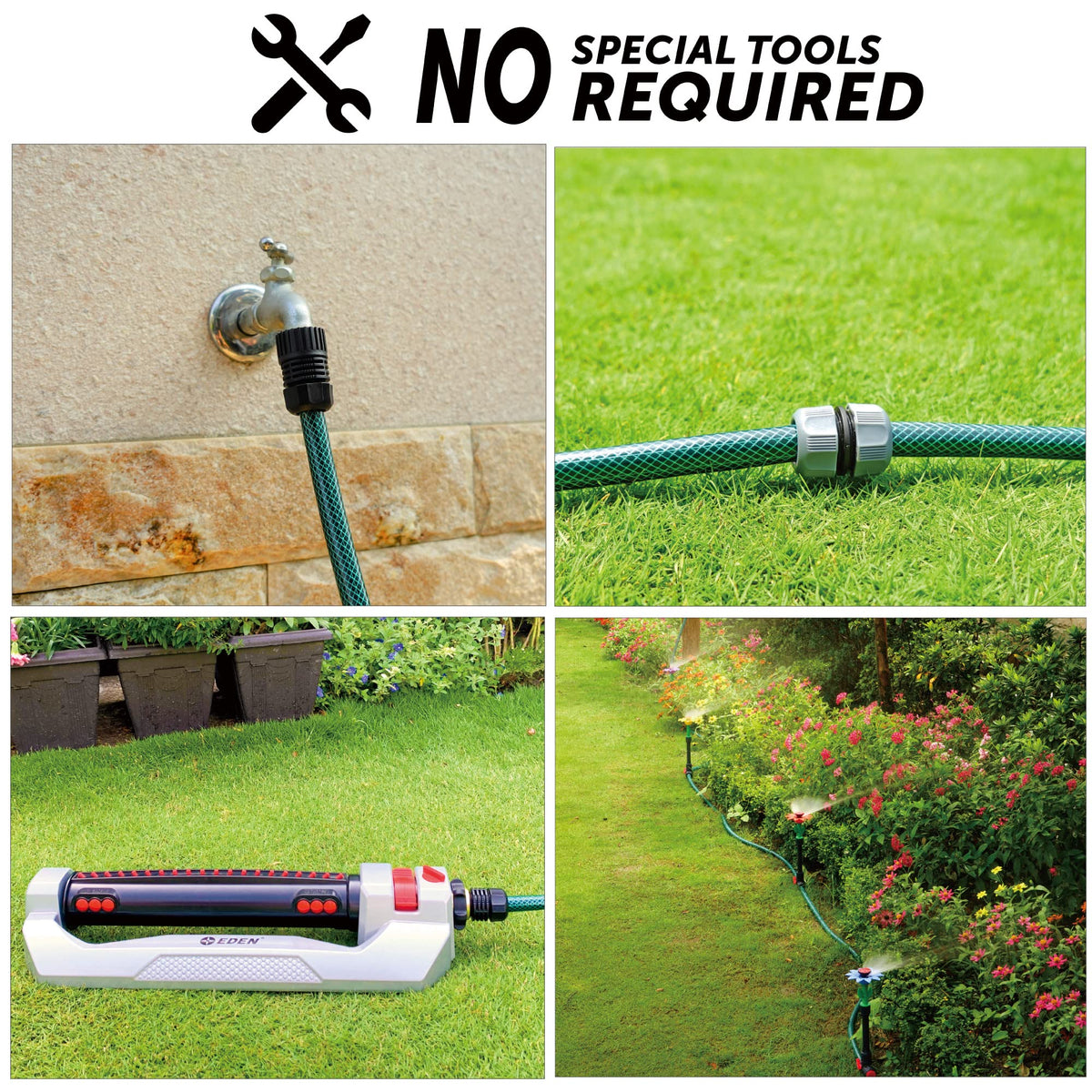 Eden lightweight flexible hose reduces strain during watering tasks.