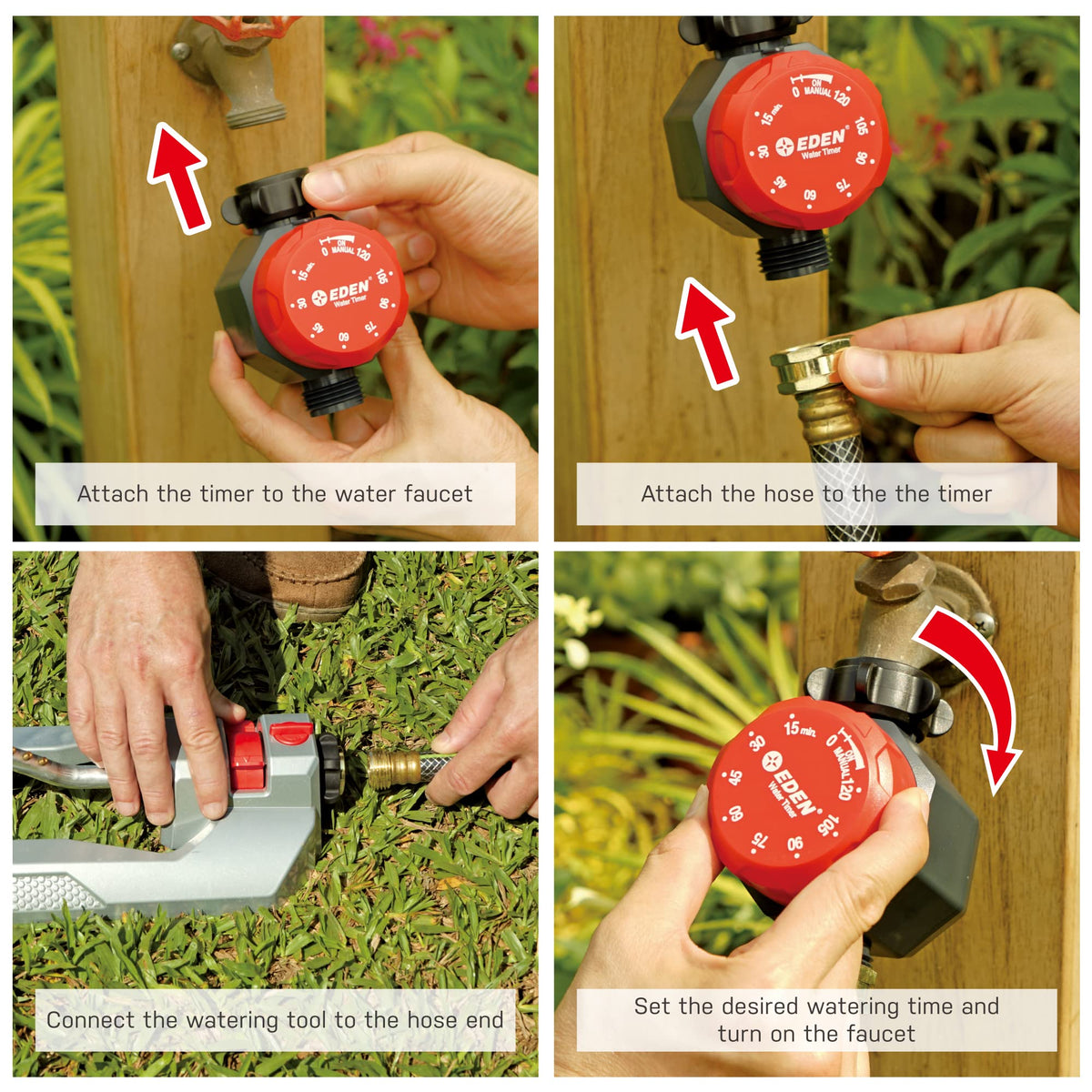 Eden timer installation on outdoor faucet enables hands-free watering.