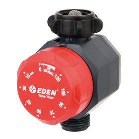Eden mechanical hose timer installed on lawn sprinkler for automatic watering.