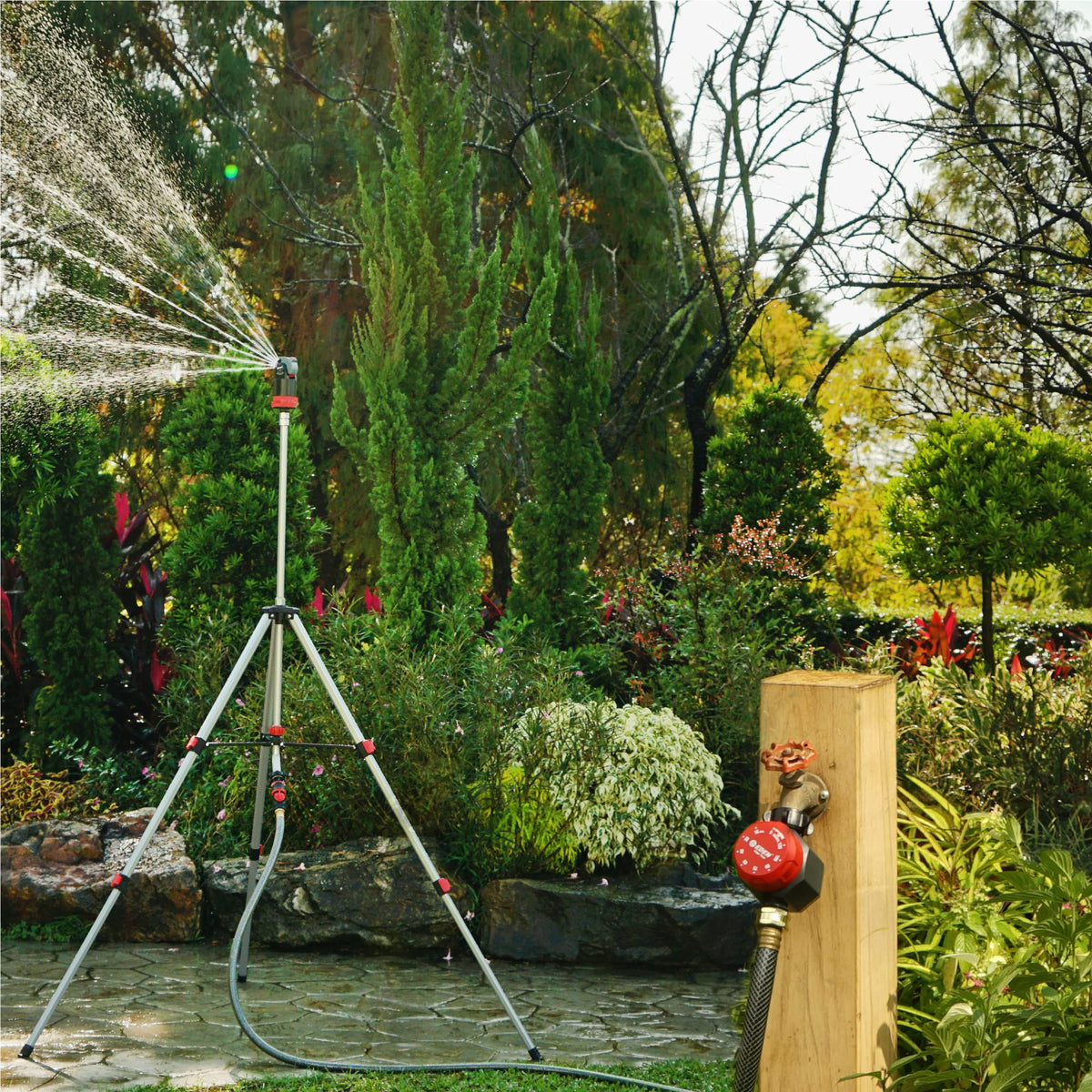 Eden timer outdoors on the spigot keeps yard irrigation simple.