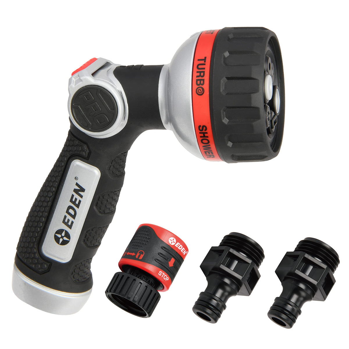 Eden metal thumb-control nozzle with six-pattern versatility for precise garden watering