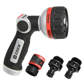Eden metal thumb-control nozzle with six-pattern versatility for precise garden watering