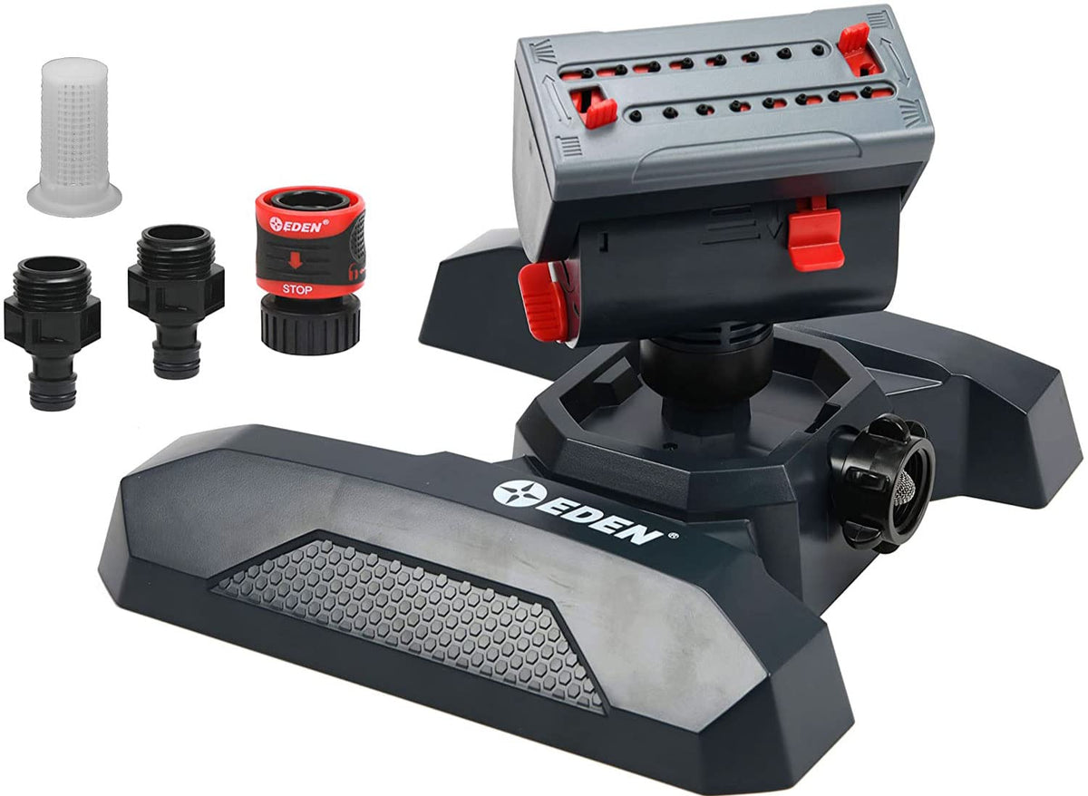 Eden mini-turbo-oscillating-sprinkler-base demonstrates stable coverage across a lush lawn.