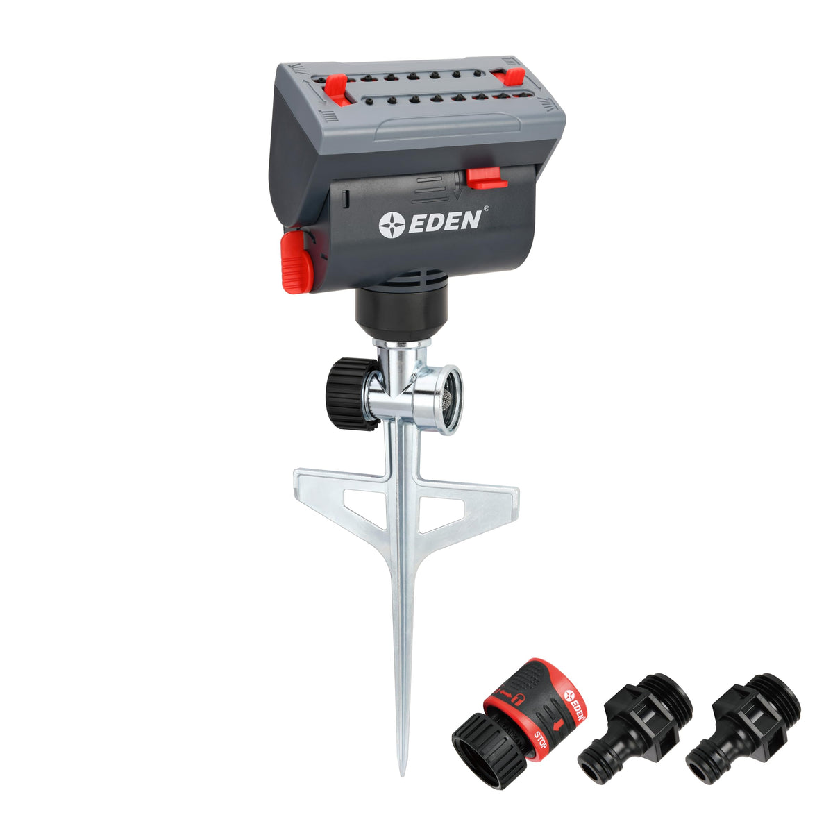 Eden mini turbo sprinkler with step spike for quick, stable setup.