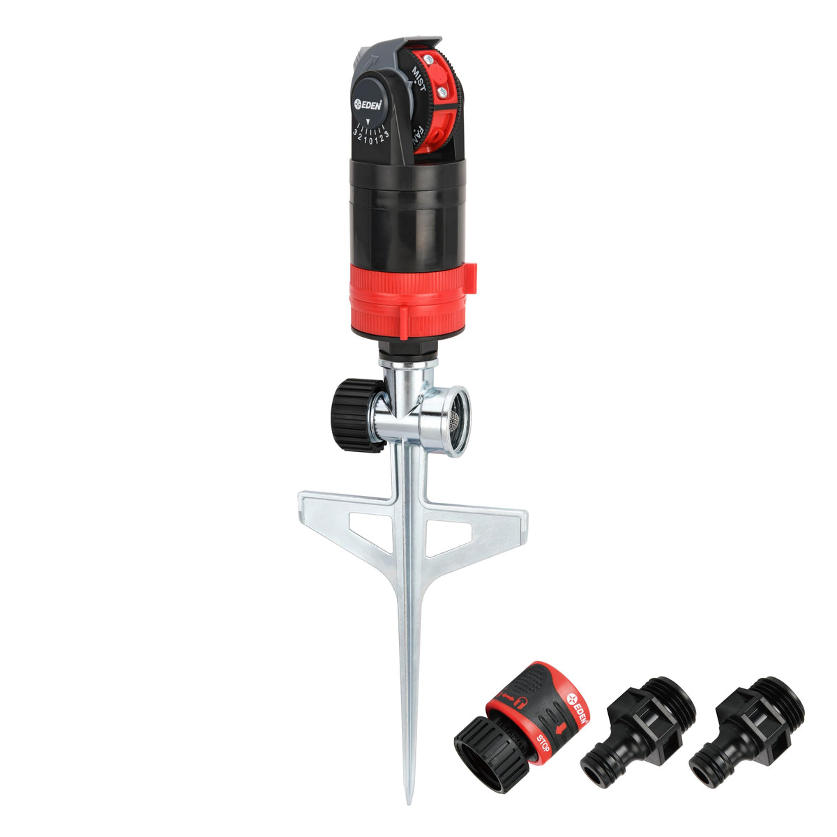Eden multi-pattern sprinkler with step spike installed for stable watering in soil