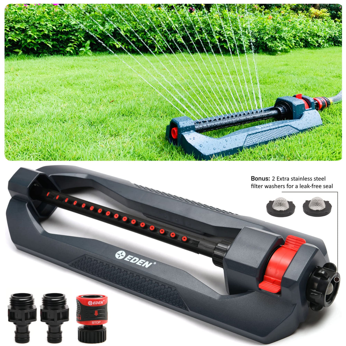 Eden Turbo Oscillating Sprinkler nozzles ensure even reach across beds and lawns.