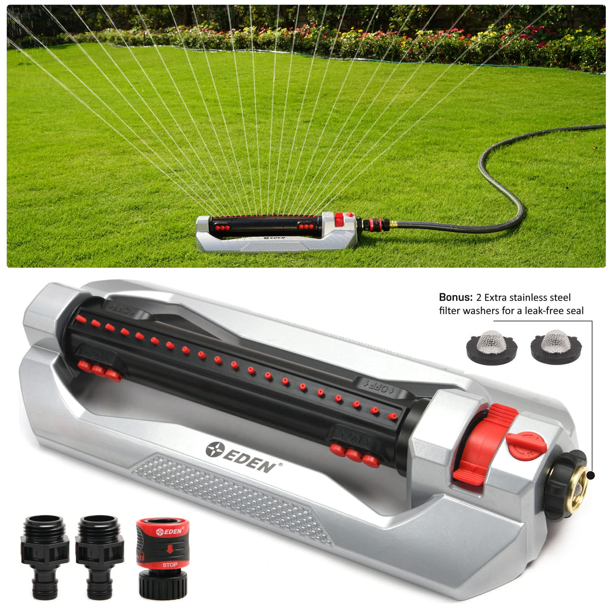 Close-up of Eden sprinkler nozzle detail enabling consistent watering