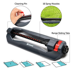 Eden Turbo Oscillating Sprinkler weighted base stabilizes during watering sessions.