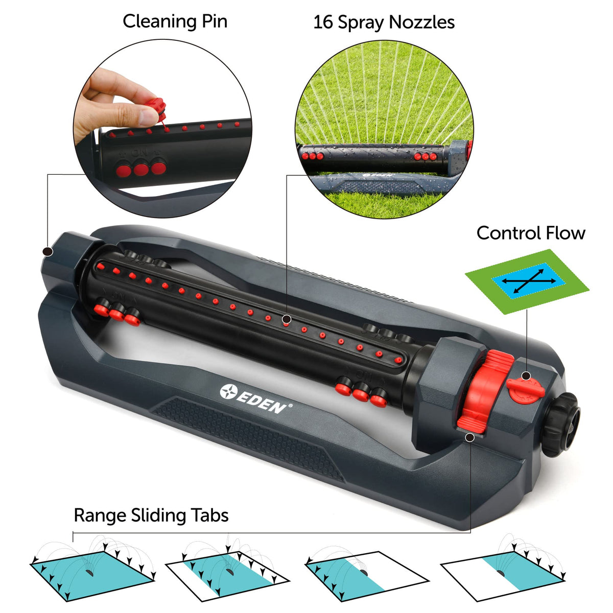 Eden sprinkler width and range controls adjust watering area precisely