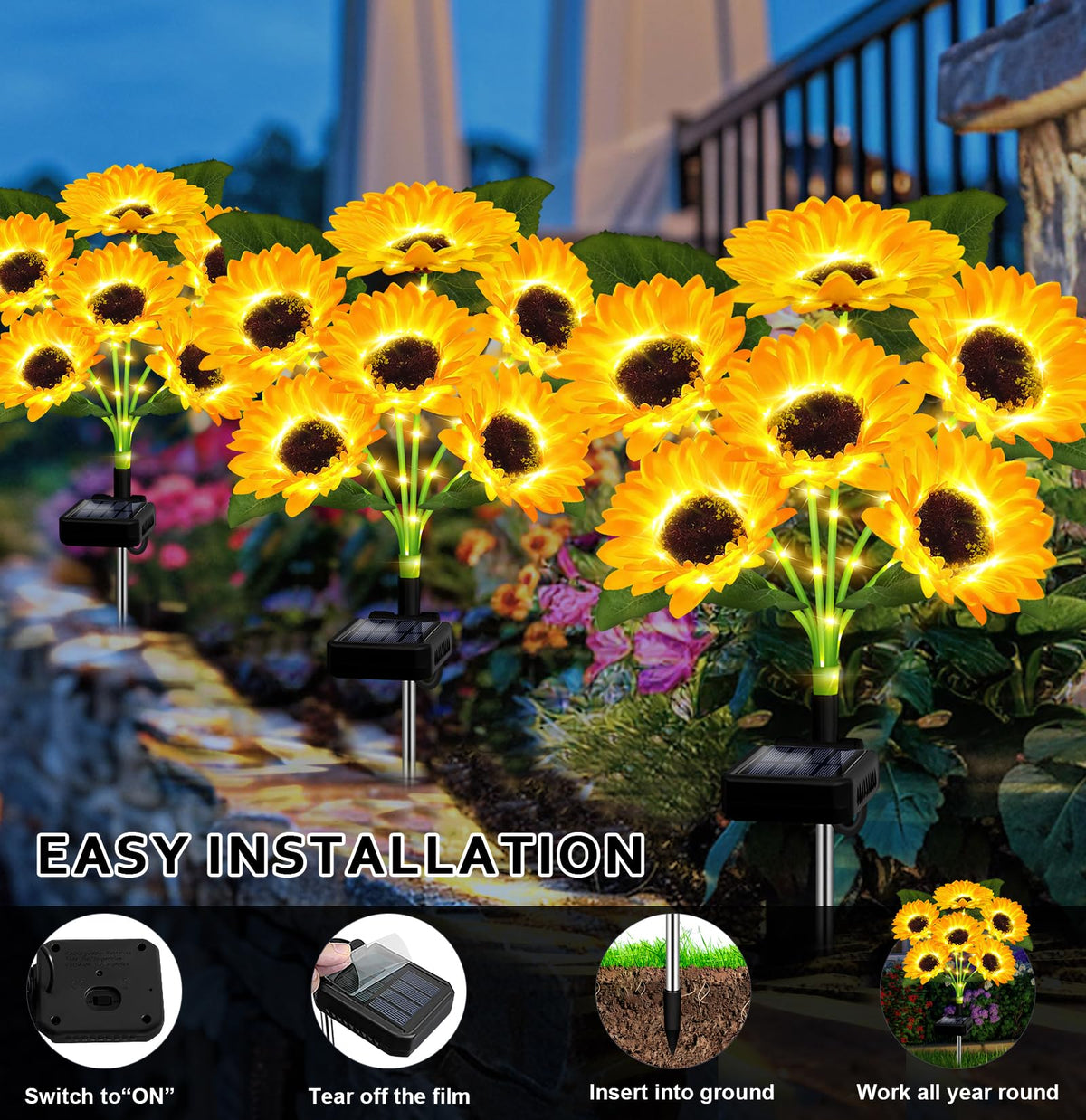 Brighter garden decor that lasts through the night on full daytime charge.
