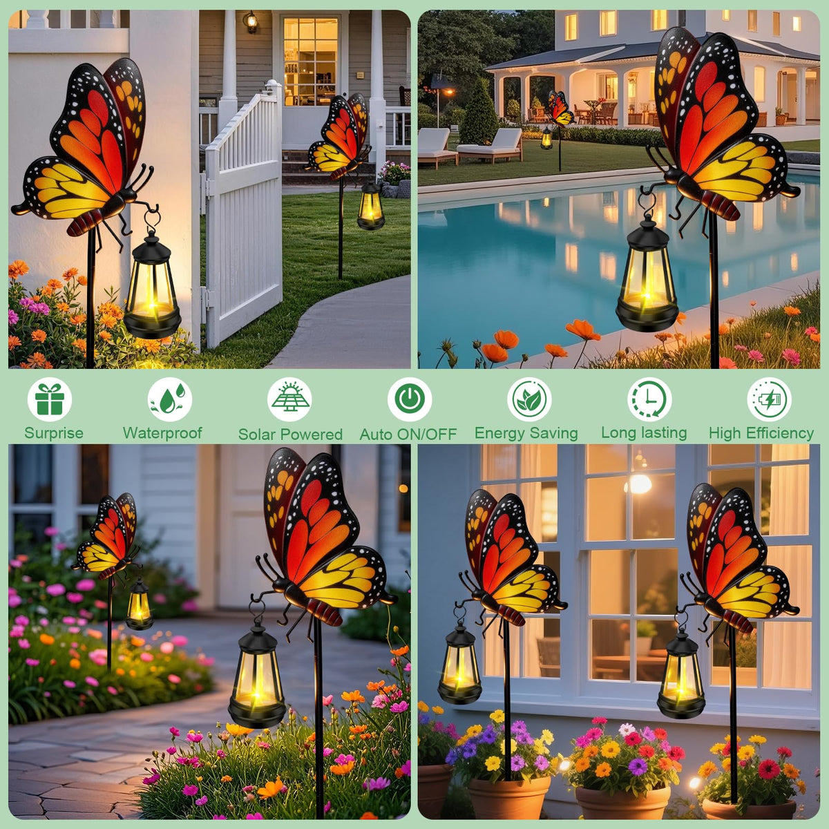 EDOF garden decor lit at night enhances entryways and patios.