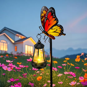 EDOF solar butterfly garden stake in daytime garden adds whimsy