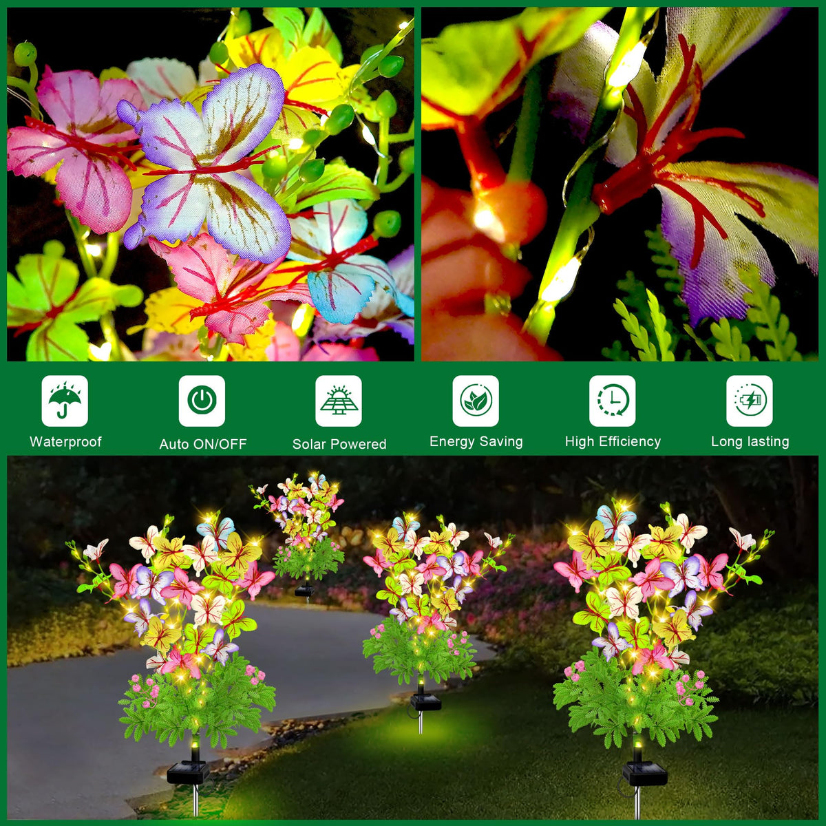 EDOF Solar Butterfly Lights feature 50 warm-white LEDs for a cozy garden glow