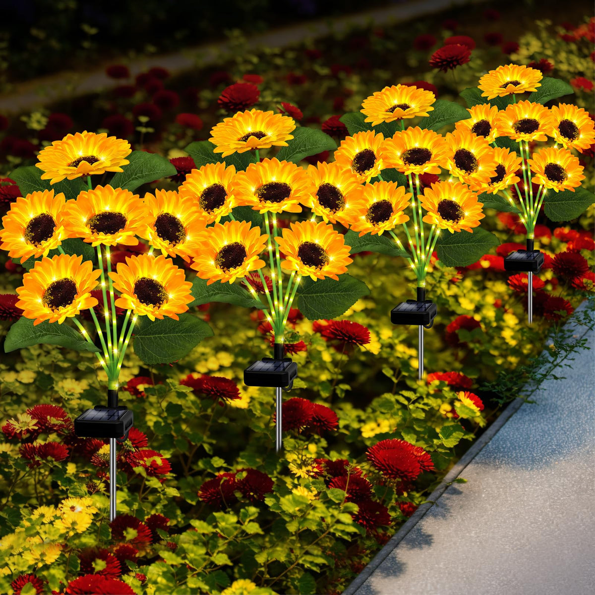 EDOF solar sunflower lights 4-pack for easy outdoor installation and path illumination.