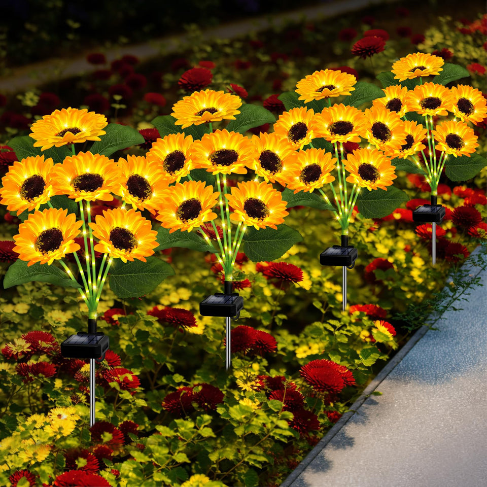 EDOF solar sunflower lights 4-pack for easy outdoor installation and path illumination.